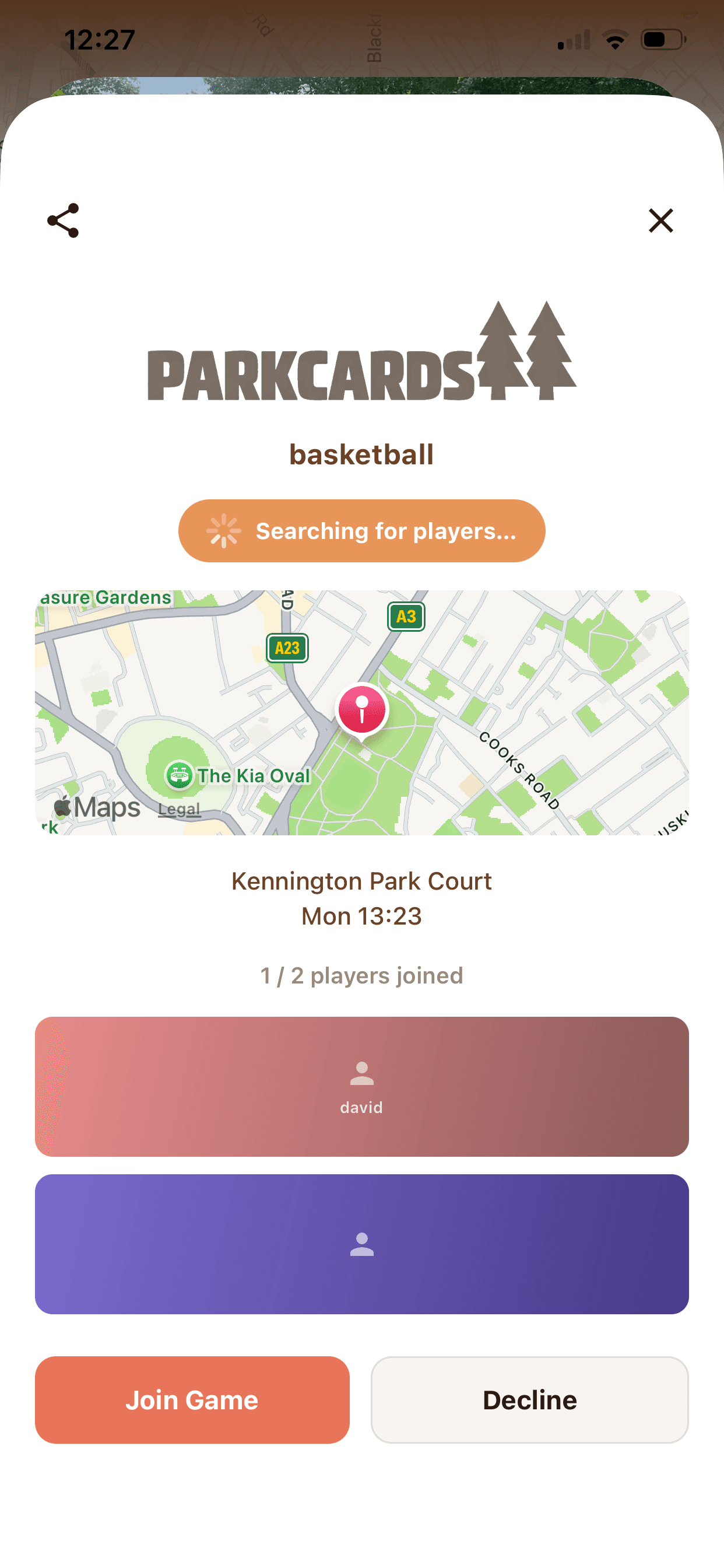 A ParkCards match invite searching for players at Kennington Park Court